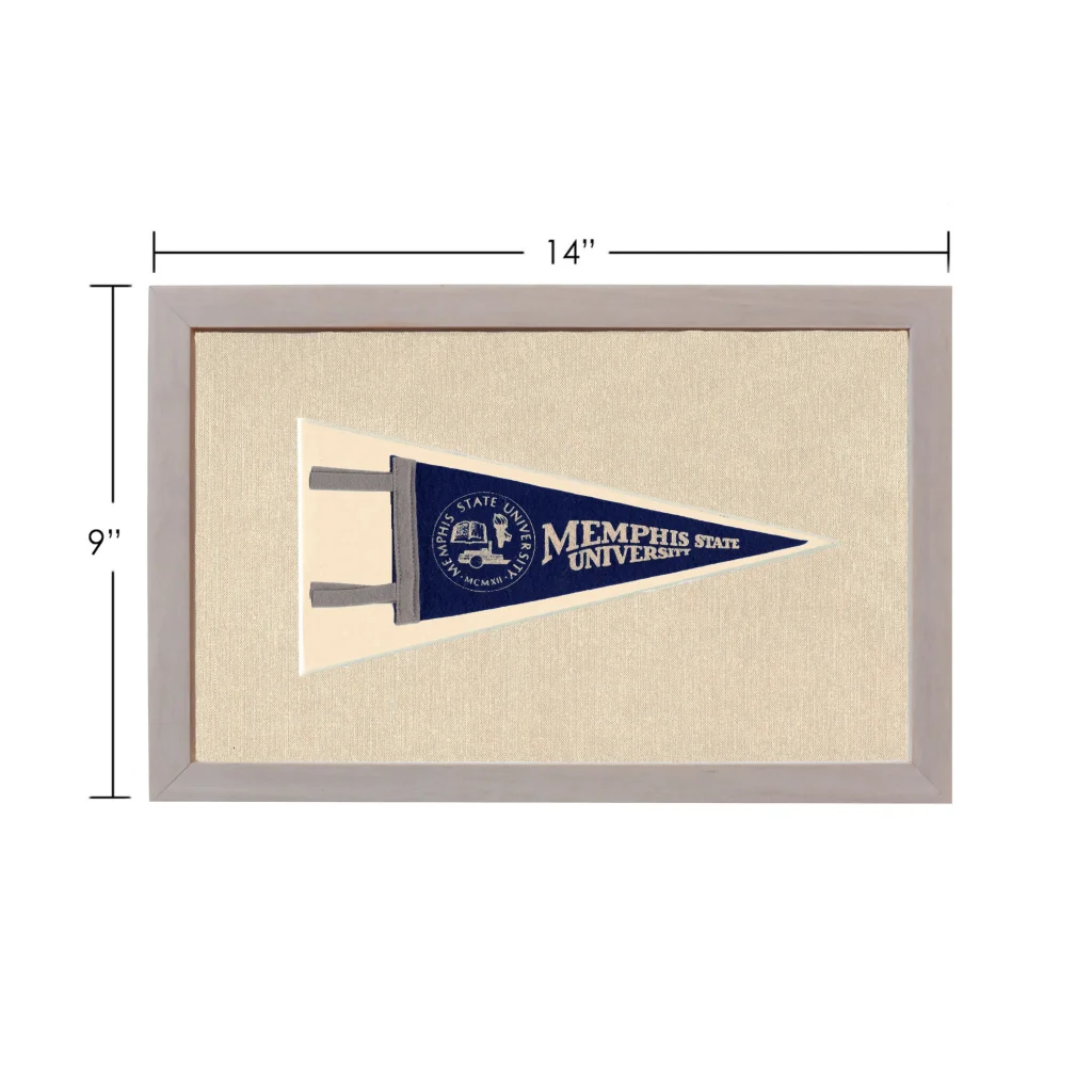 Vintage Memphis State University pennant in navy blue, cream, gray frame