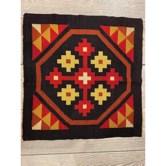 Vintage Mexican geometric wool rug with bold red yellow octagonal pattern