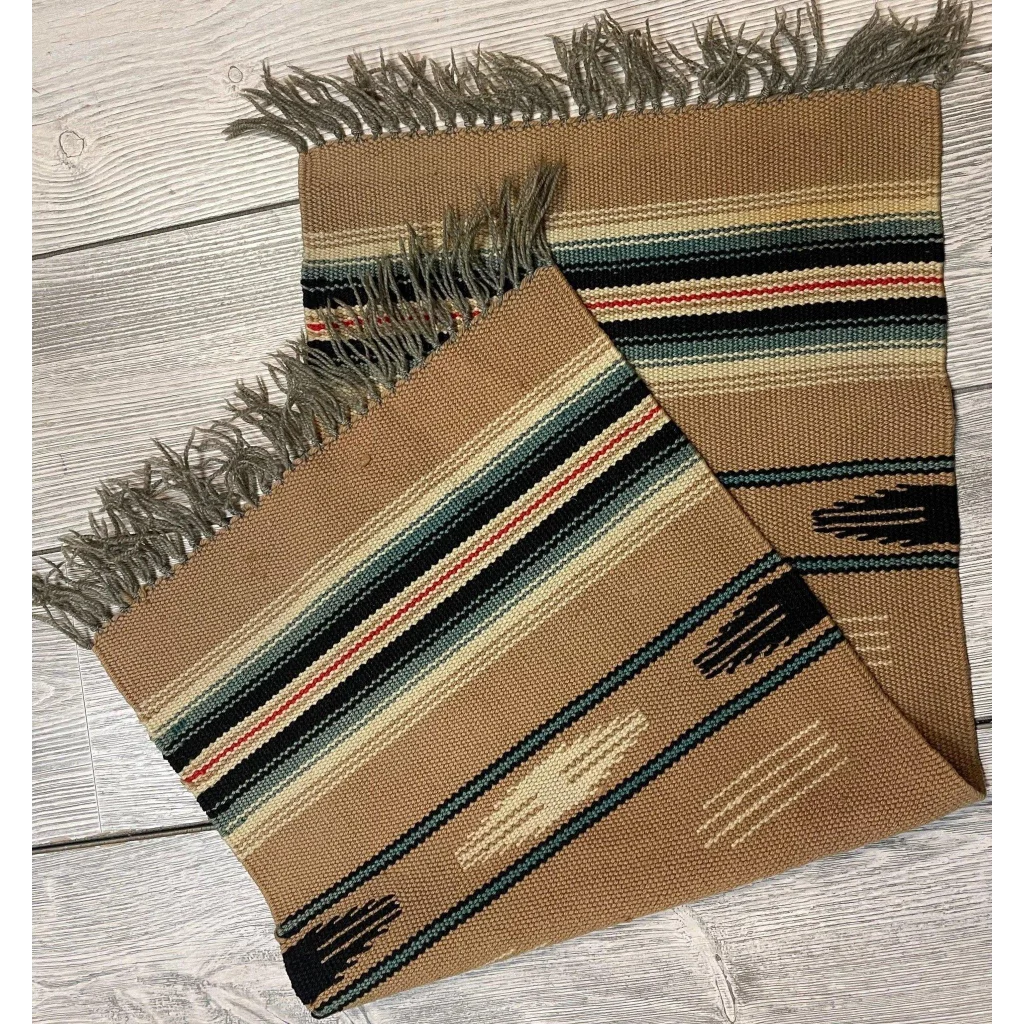 Vintage Mexican wool blanket rug with tan stripes in black, teal, red, cream, brown and fringe