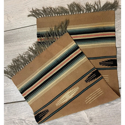 Vintage Mexican wool blanket rug with tan stripes in black, teal, red, cream, brown and fringe