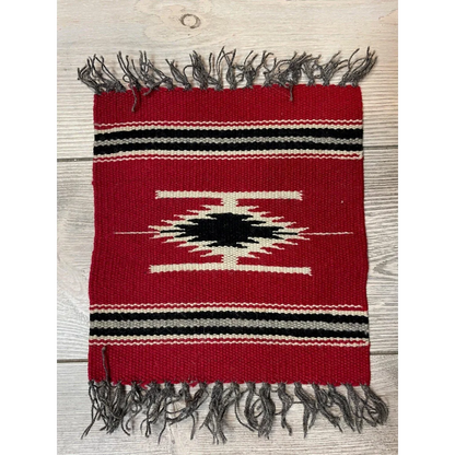 Vintage 1980s Mexican hand-knotted wool rug with bold red, black and white geometric stripes and gray fringe