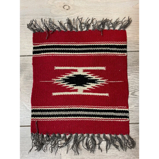 Vintage Mexican wool rug with red woven black white geometric stripes and gray fringe