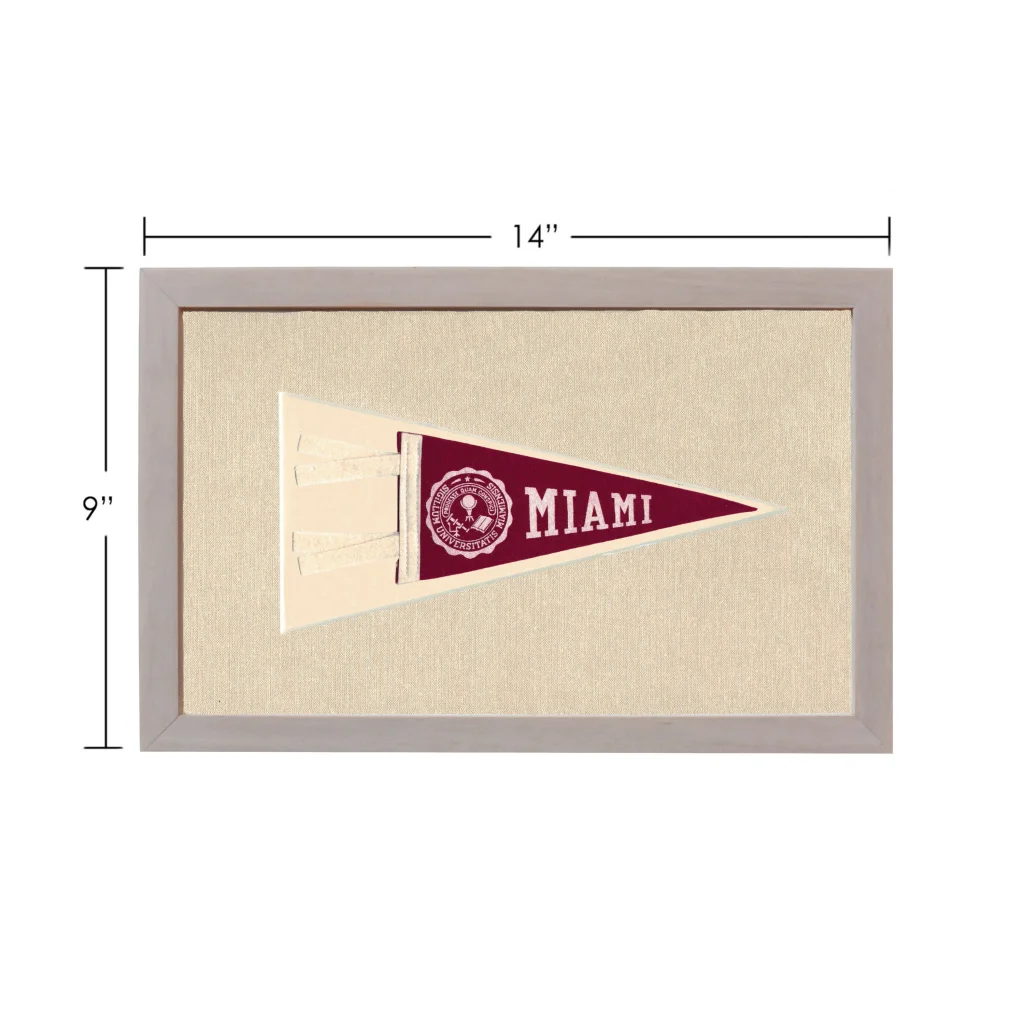 Vintage Miami University pennant in maroon, cream, gray frame