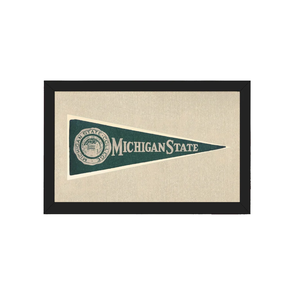 Vintage Michigan State Hormel pennant framed on beige background