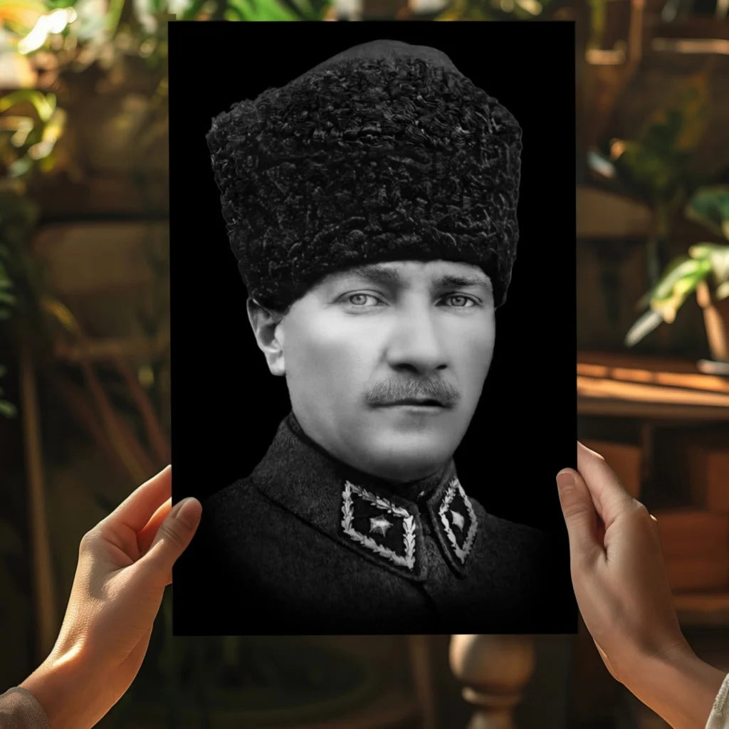 Black-and-white vintage military portrait print of man in fur hat and embroidered coat