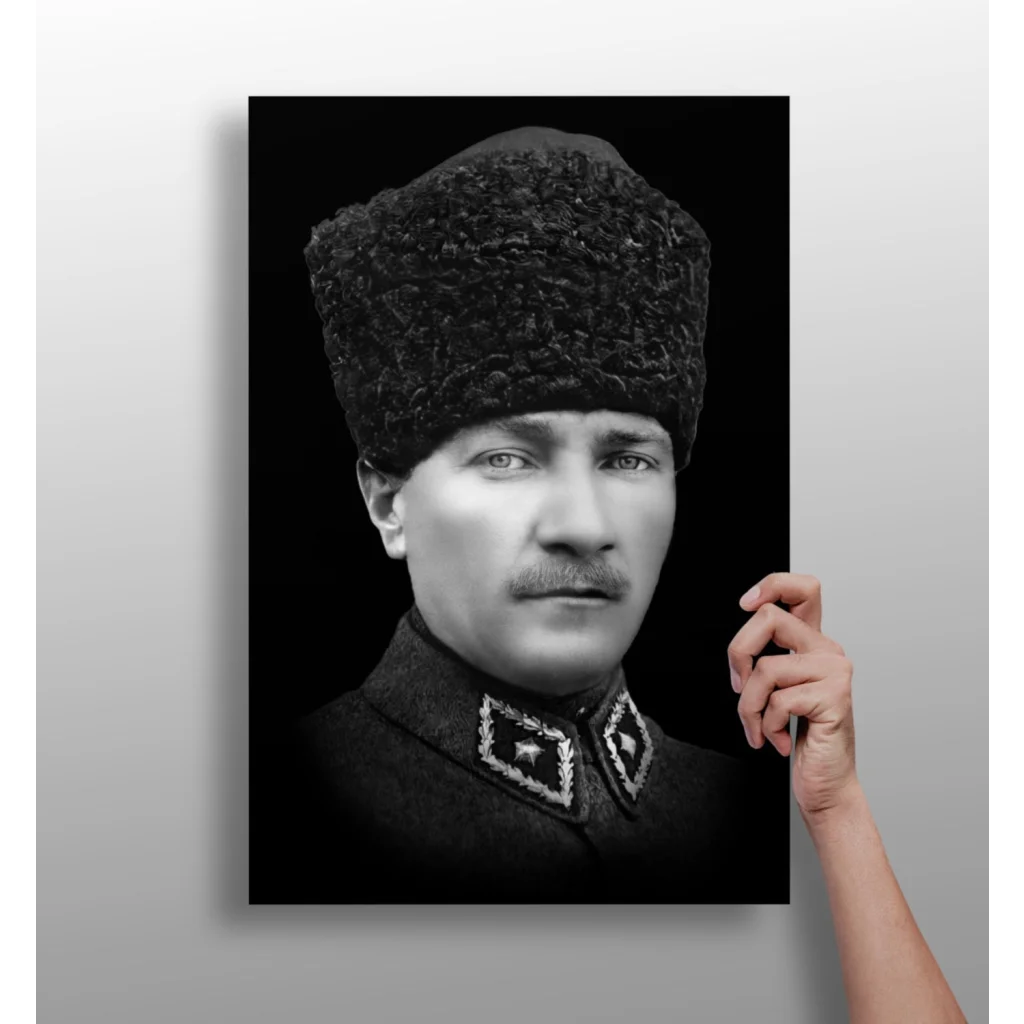 Vintage black-and-white military portrait print of man in fur hat