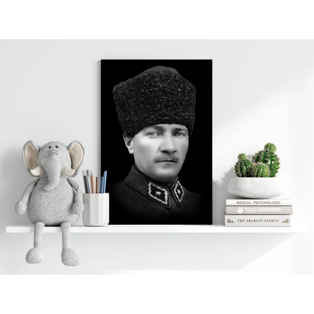 Vintage black-and-white military portrait on aluminum print with ornate epaulets and fur hat