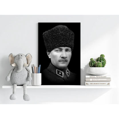 Vintage black-and-white military portrait on aluminum print with ornate epaulets and fur hat