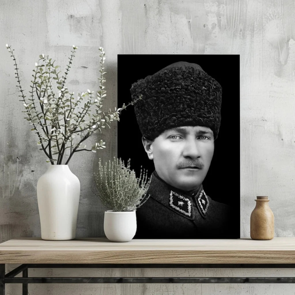 Vintage black-and-white military portrait print of man in ornate fur hat