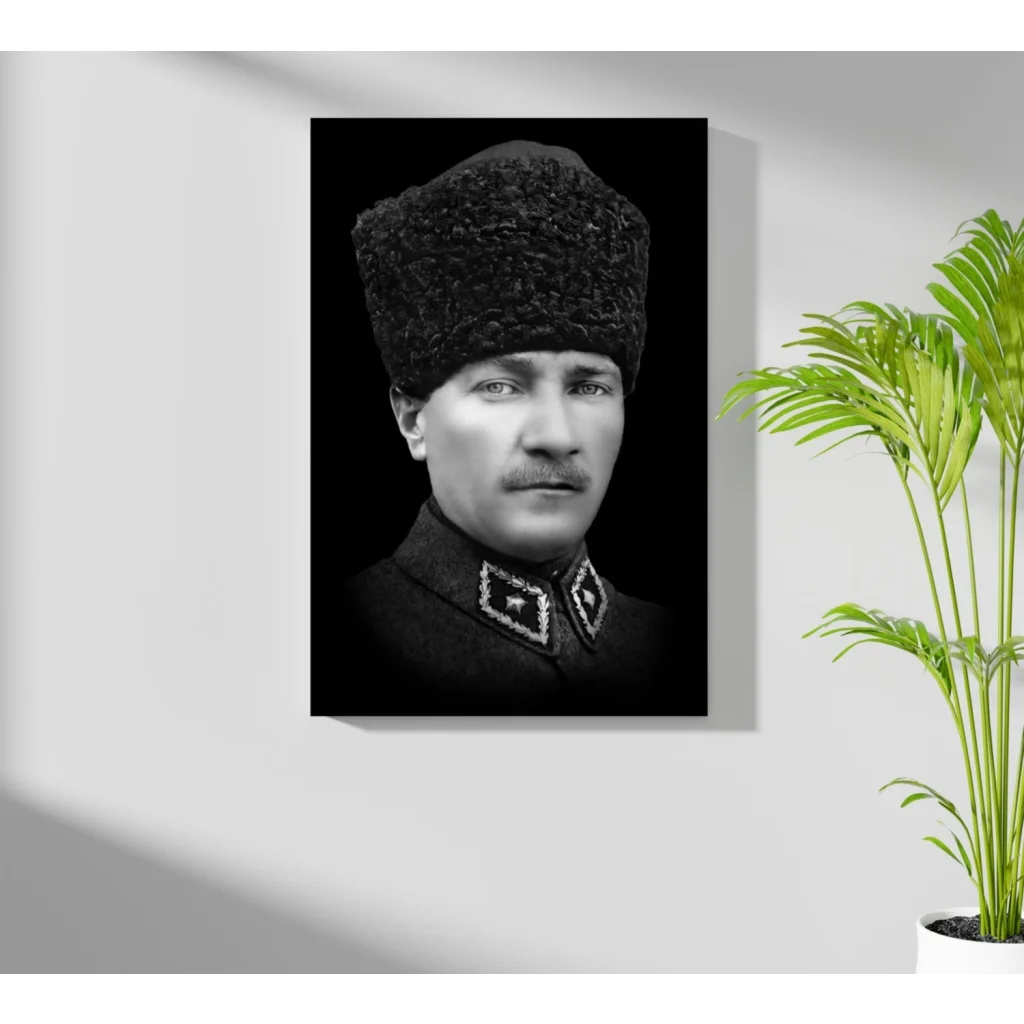 Vintage black-and-white military portrait on aluminum print with fur hat