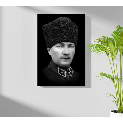 Vintage black-and-white military portrait on aluminum print with fur hat