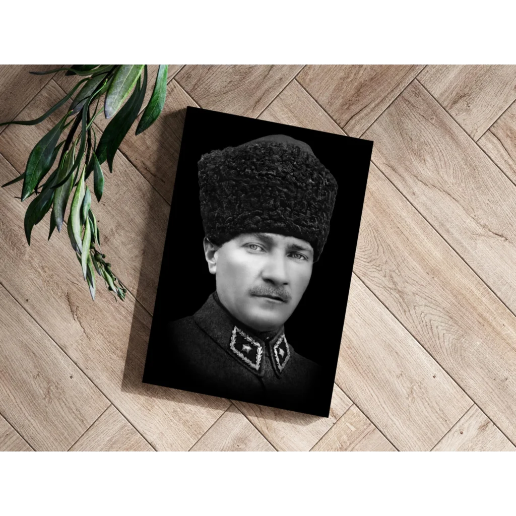 Vintage black-and-white military portrait on aluminum print with fur hat