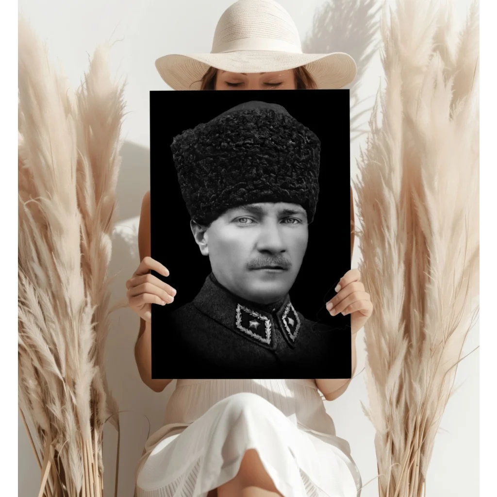 Vintage black portrait of man in ornate fur hat and military uniform on aluminum print