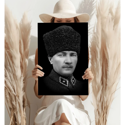 Vintage black portrait of man in ornate fur hat and military uniform on aluminum print