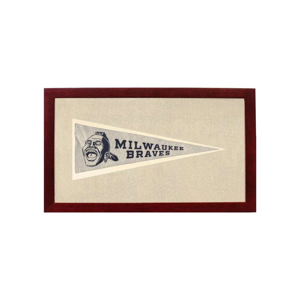 Vintage Milwaukee Braves pennant in gray and cream with Native American mascot