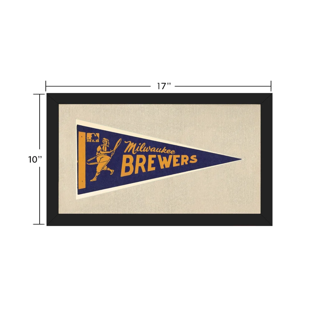 Framed vintage Milwaukee Brewers pennant in navy blue and gold