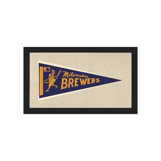 Framed vintage Milwaukee Brewers pennant in navy blue and gold