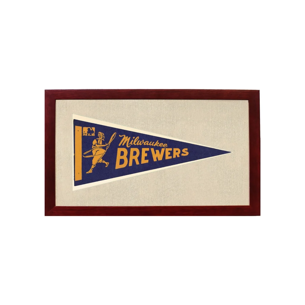 Vintage Milwaukee Brewers pennant in navy blue gold mahogany frame