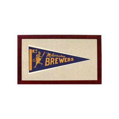Vintage Milwaukee Brewers pennant in navy blue gold mahogany frame