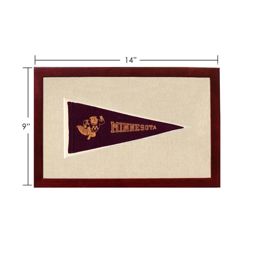 Vintage Minnesota pennant in maroon with gold embroidered mascot, framed