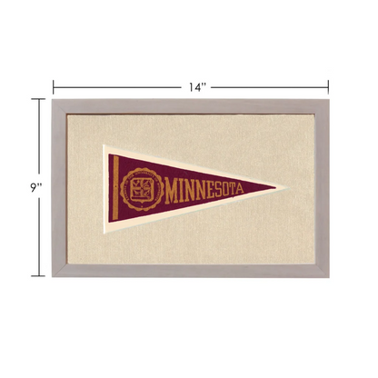 Vintage Minnesota pennant in maroon and gold, framed in gray