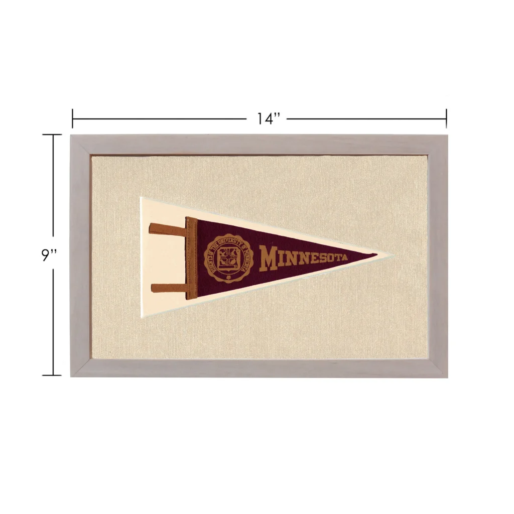 Vintage Minnesota pennant in maroon and gold, framed in gray