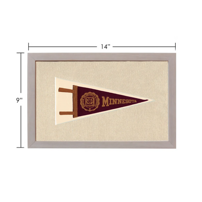 Vintage Minnesota pennant in maroon and gold, framed in gray