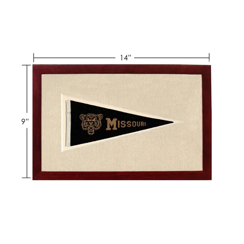 Vintage Missouri pennant with gold tiger head embroidery in dark wood frame