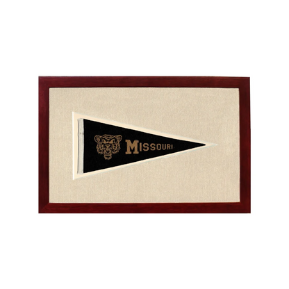 Vintage Missouri pennant: black triangular flag with gold tiger head embroidery