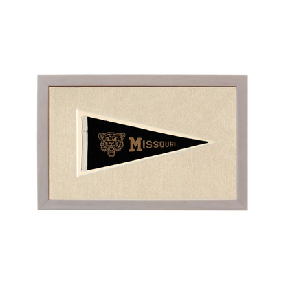 Vintage Missouri pennant: black triangular flag with gold tiger head embroidery
