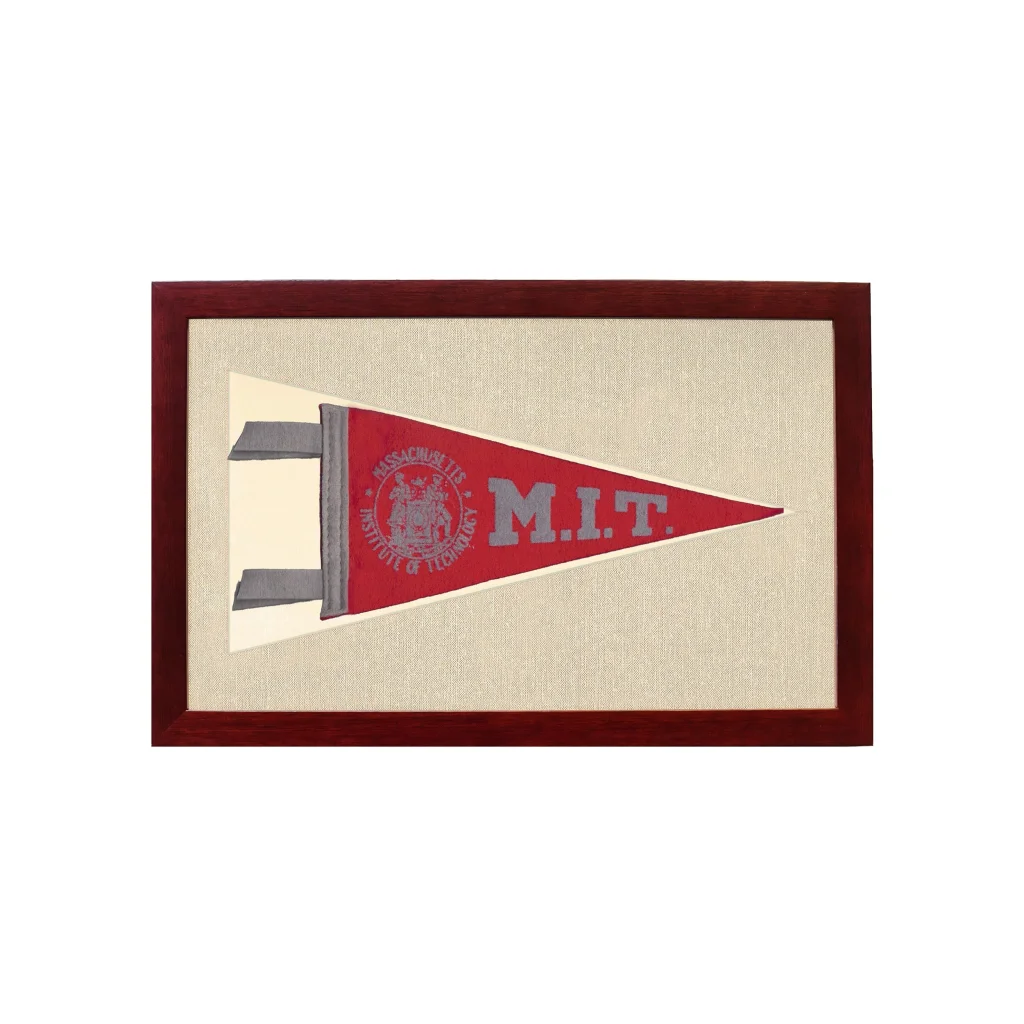 Vintage MIT pennant: red triangle with gray lettering, MIT emblem in dark wood frame