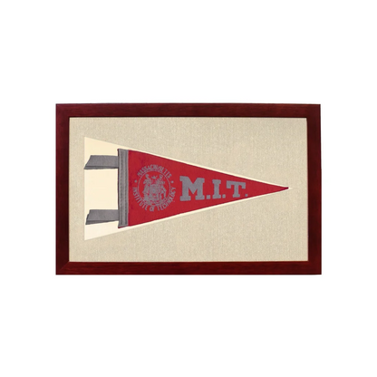 Vintage MIT pennant: red triangle with gray lettering, MIT emblem in dark wood frame