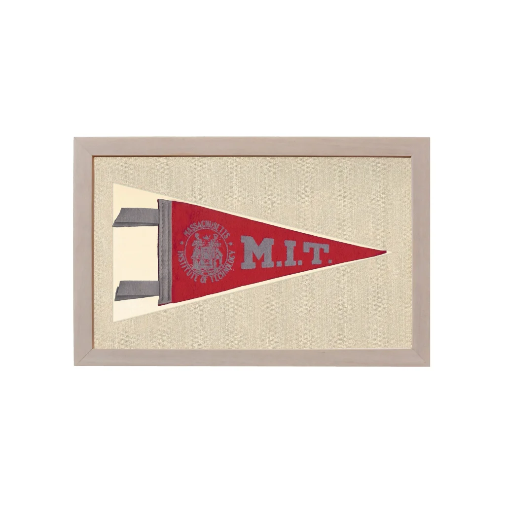 Vintage MIT pennant: red triangular felt with gray lettering, beige frame