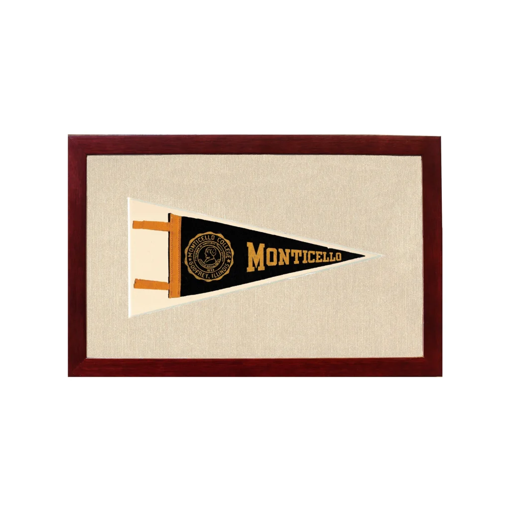 Vintage Monticello College Pennant | 1950s Wool Felt Pennant Framed Display | vintageantiquesgifts.com