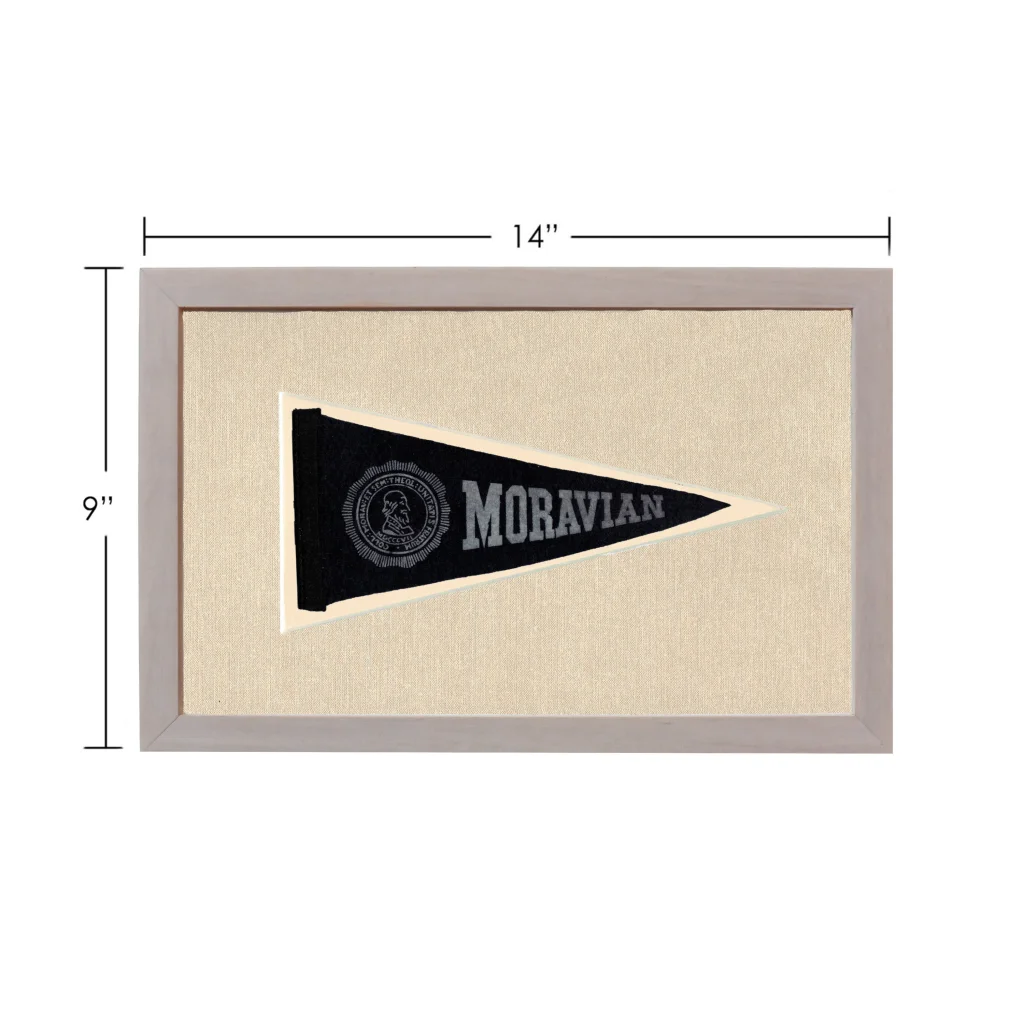 Vintage Moravian University pennant: black felt with white Moravian embroidery