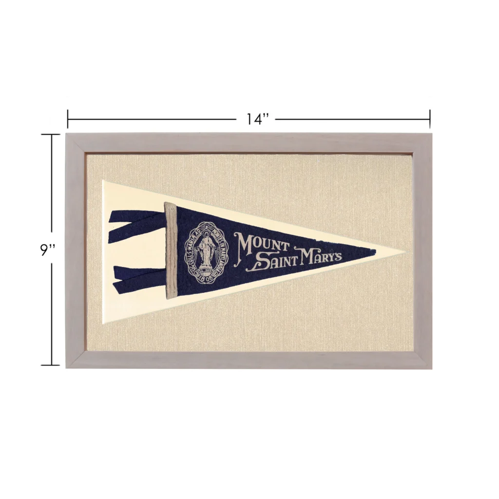Vintage Mount Saint Marys pennant in navy blue and cream, framed
