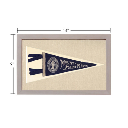 Vintage Mount Saint Marys pennant in navy blue and cream, framed