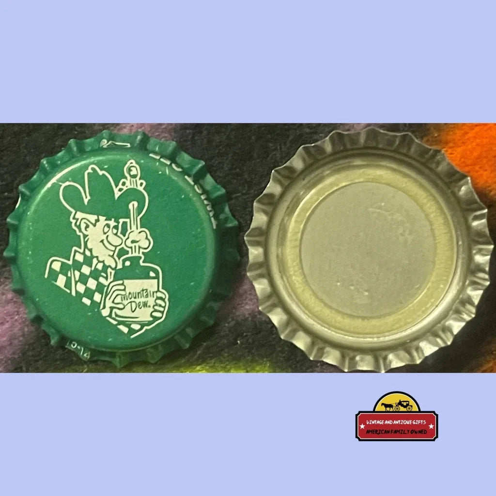 Rare 90s Mountain Dew bottle cap featuring green cartoon design and metallic cap