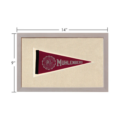 Vintage Muhlenberg College pennant in maroon with white border and black trim, framed