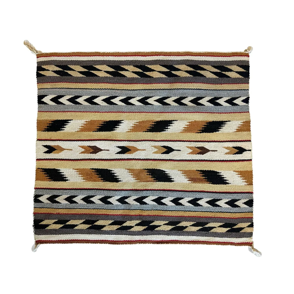 Native American Navajo rug, geometric stripes in black beige brown gray and cream natural wool