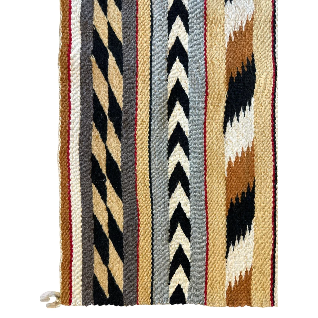 Native American Navajo rug with geometric stripe pattern, natural wool in black and earthy tones