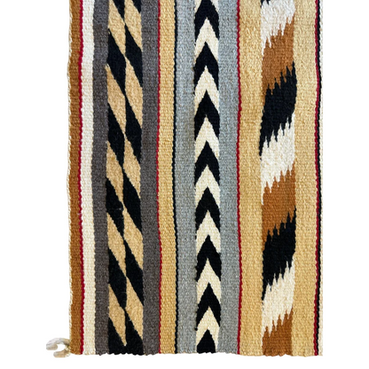 Native American Navajo rug with geometric stripe pattern, natural wool in black and earthy tones