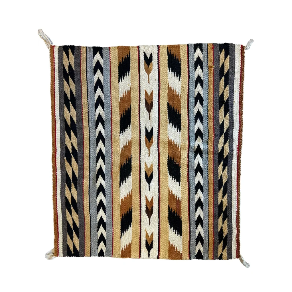Vintage Native American Navajo rug, full view, geometric stripe pattern in earthy natural wool tones