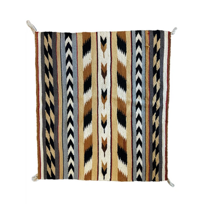 Vintage Native American Navajo rug, full view, geometric stripe pattern in earthy natural wool tones