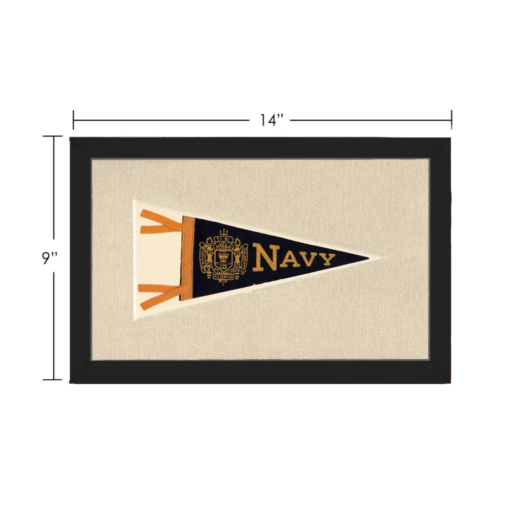 Vintage navy pennant in navy blue and gold with embroidered crest, framed in black