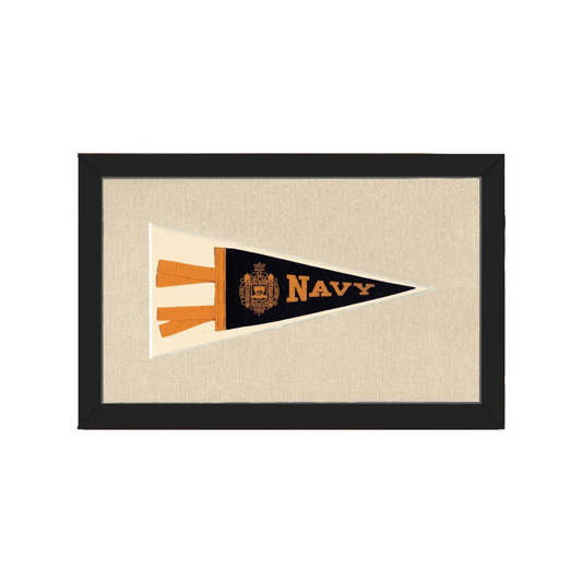 Vintage navy pennant with navy blue orange embroidered crest in black frame