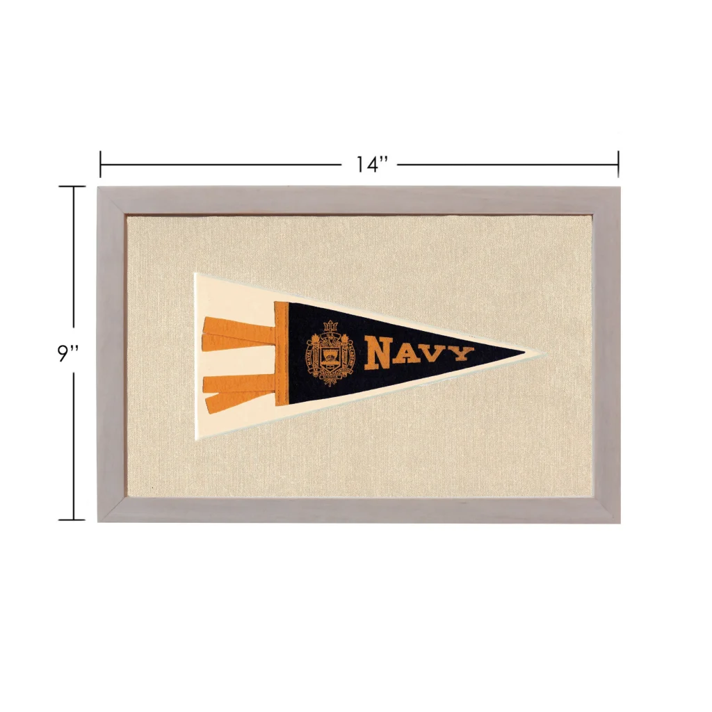 Vintage navy pennant in gray frame with beige textured backing