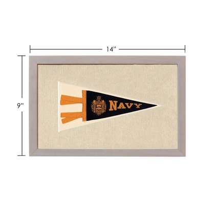 Vintage navy pennant in gray frame with beige textured backing