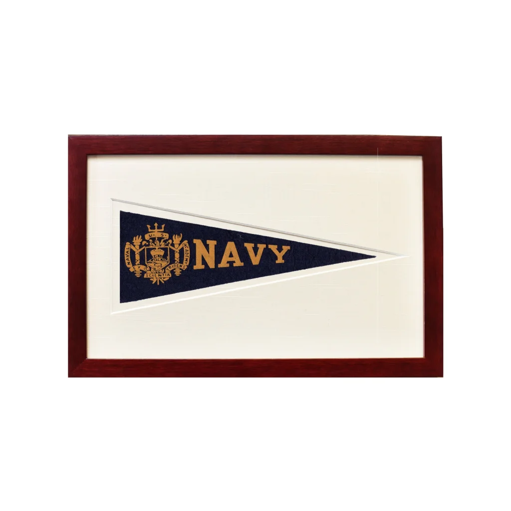 Vintage navy wool felt pennant flag in navy blue and gold frame from 1950s comic books