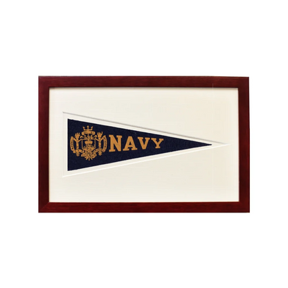 Vintage navy wool felt pennant flag in navy blue and gold frame from 1950s comic books